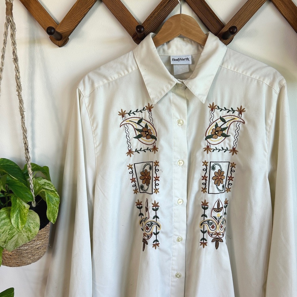 Vintage BonWorth Cream Embroidered Paisley Floral Button Down Shirt Cottagecore